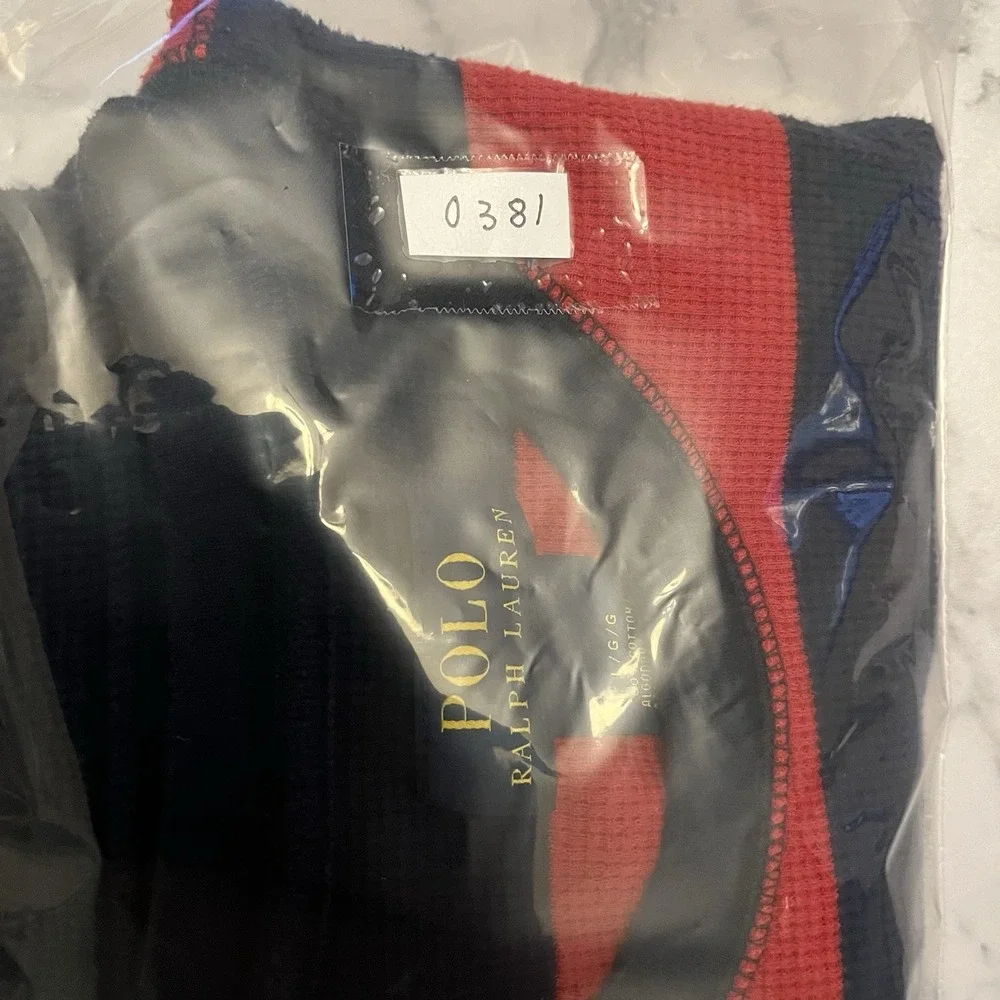 Polo Ralph Lauren Waffle Knit Thermal Shirt Mens Large Red Navy Blue Striped L - Picture 10 of 10